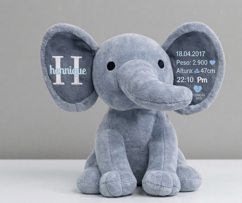 Pelúcia Elefantinho Cinza Personalizada